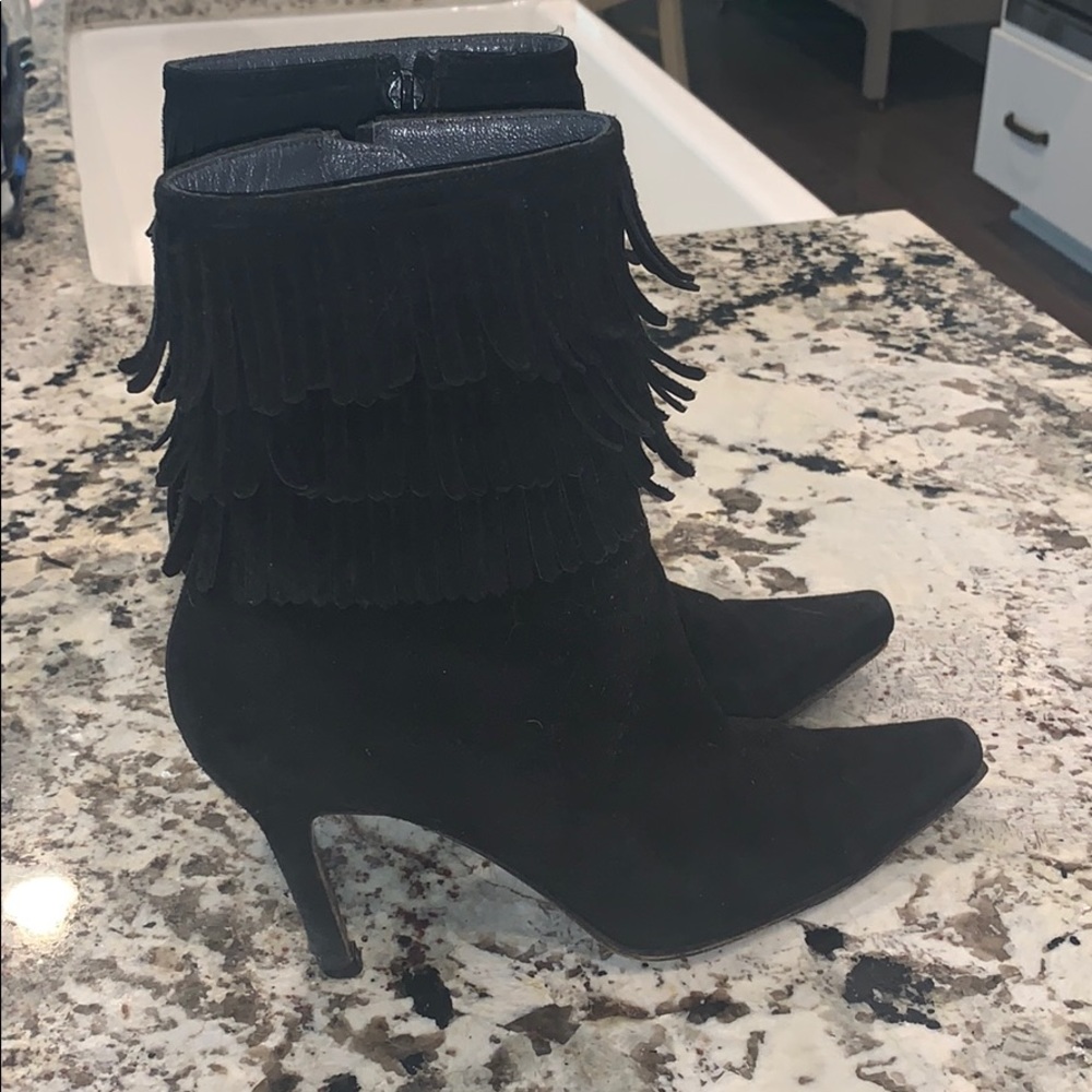 Stuart Weitzman black suede fringe booties